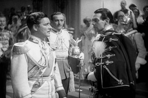 Ronald Colman, David Niven e Raymond Massey em uma cena de O Prisioneiro de Zenda
